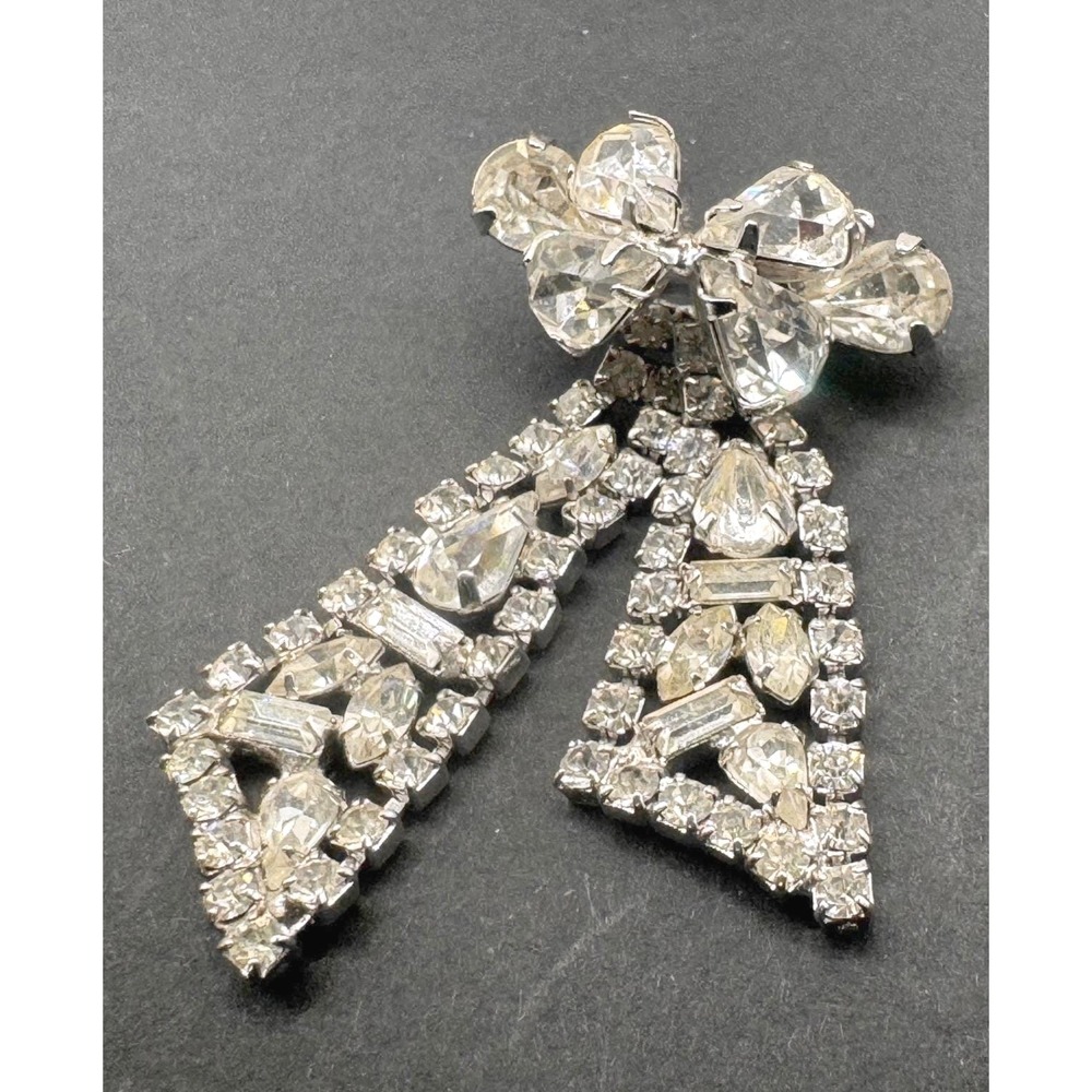 Rhinestone Bow Dangle Brooch Baguette Pear Cut, Silver Tone, vintage